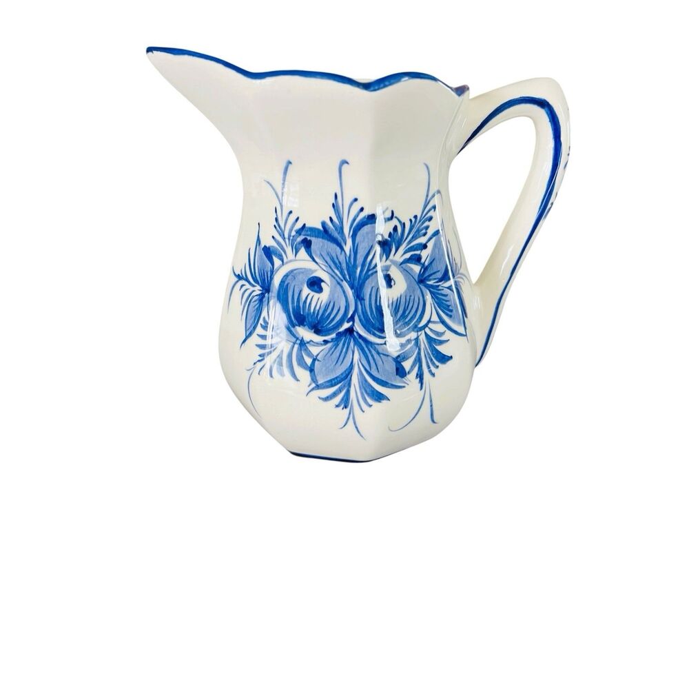 Vintage RCCL Portugal Hand Painted Blue Floral Ceramic Pitcher 7” Milk Jug